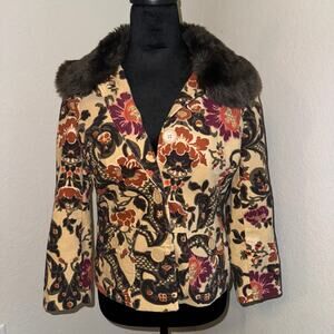 ATL Studio Brocade Floral Removeable Faux Fur Short Jacket Size 6P Button Up